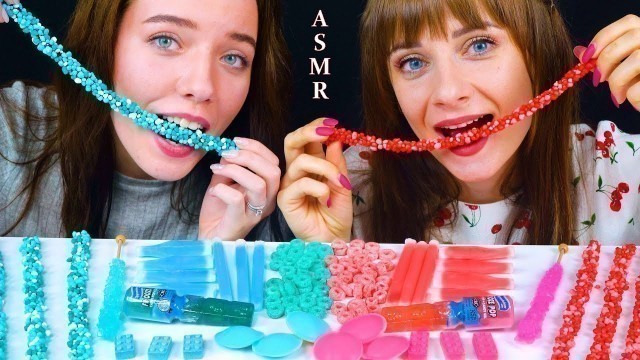 'ASMR BLUE FOOD VS PINK FOOD NERDS ROPE JELLY, JELLY NOODLES, NIK L NIP WAX STICK, WAX BOTTLES'