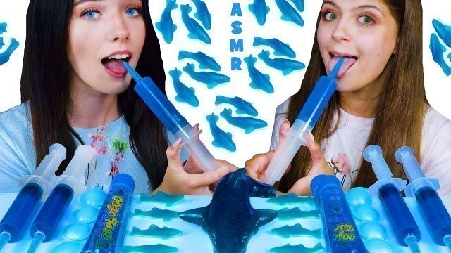 'ASMR *BLUE FOOD* JELLO SHOOTER RACE, UFO WAFERS CANDY, GUMMY RACE | MUKBANG 먹방'