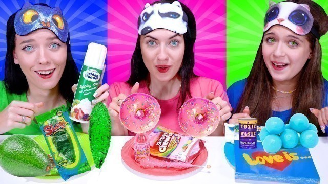 'ASMR Eating Only One Color Food Green, Pink and Blue Candy Race By LiLiBu'