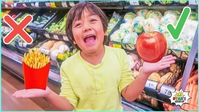 'Ryan learns to pick Healthy Food at the Grocery Story! Funny Voice'