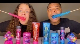 'ASMR PINK VS BLUE FOOD, GIANT ROCK CANDY, SOUR GEL, LASER POP, GALAXY ROCKS CANDY MUKBANG'