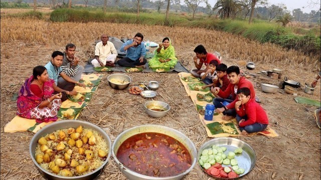 'fried mutton biriyani with chicken kosha recipe !! winter season family picnic special menu