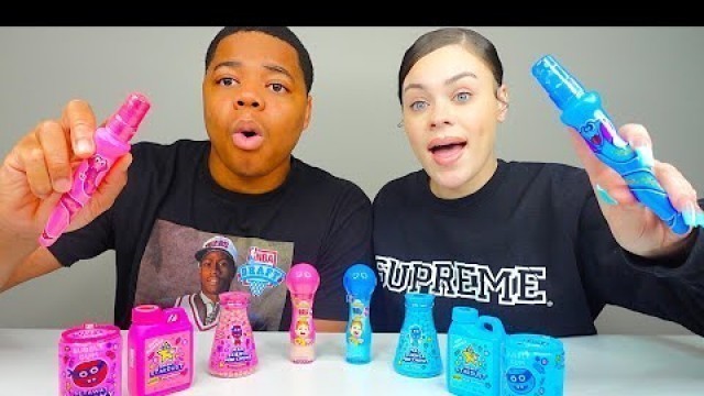 'PINK FOOD VS BLUE FOOD CHALLENGE, GALAXY ROCKS, GUM POWDER, LIQUID ROLLER BALL CANDY MUKBANG'