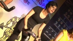 'Mandira Bedi at Gold\'s Gym super spin cycling event.'