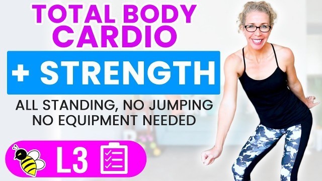 'FUN 30 minute CARDIO + STRENGTH, barefoot low impact workout without equipment'